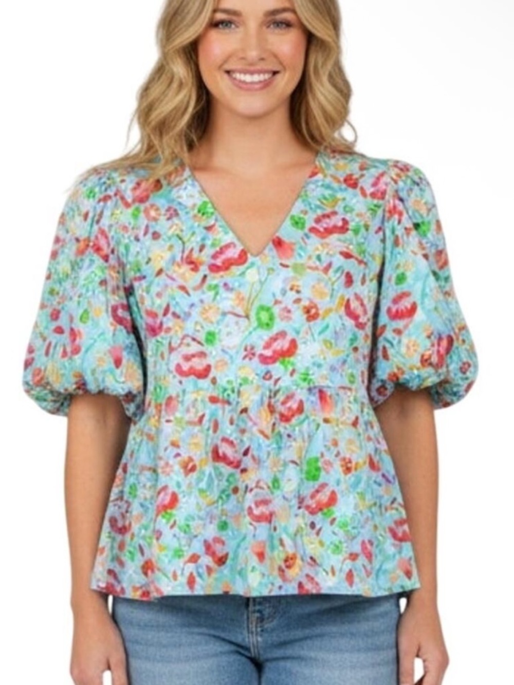 Crosby by Mollie Burch Jackie Floral Puff-Sleeve V-Neck Blouse